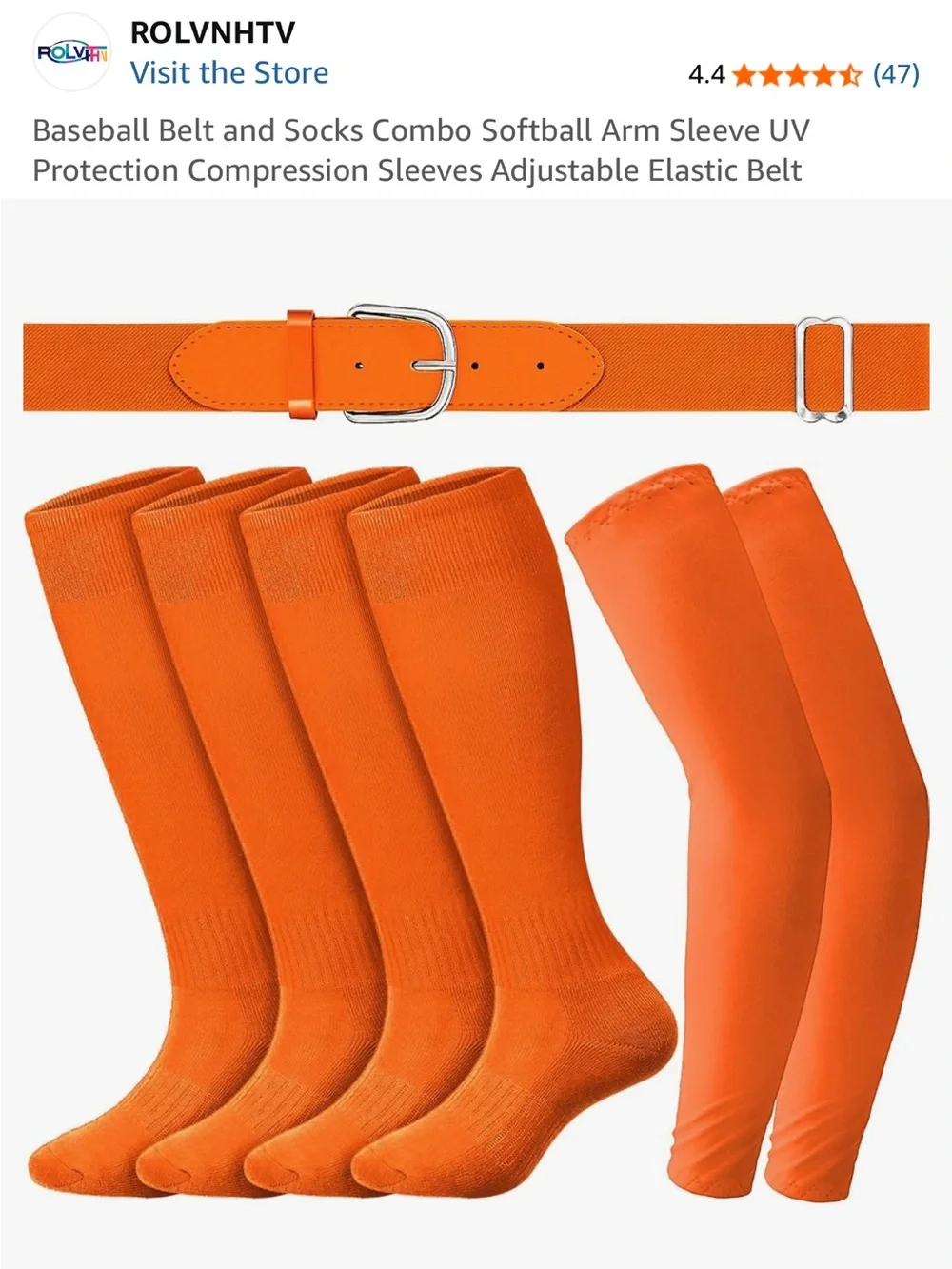 ROLVNHTV Adult Baseball Softball Combo Set Orange Socks Belt Arm Sleeves NEW⁠